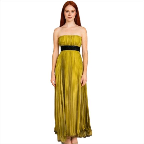 Carmen Marc Valvo Lime Green Pleated Strapless Beaded Waist Maxi Dress Gown  2 - mordernwear.com